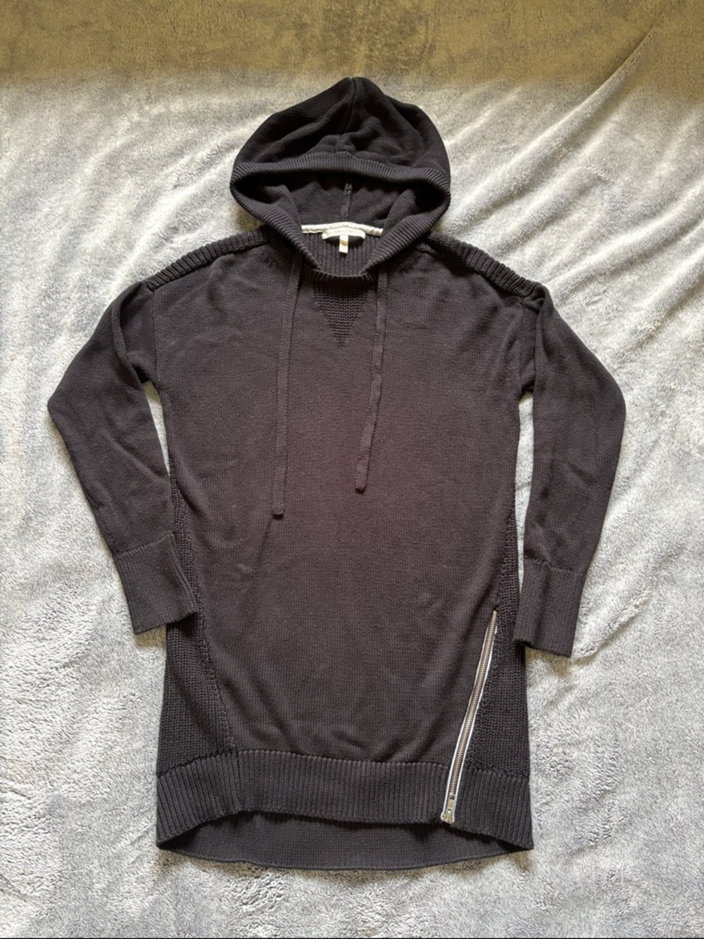 Victoria’s Secret Black Knit Moto Hooded Sweater Tunic Length with Exposed Zip